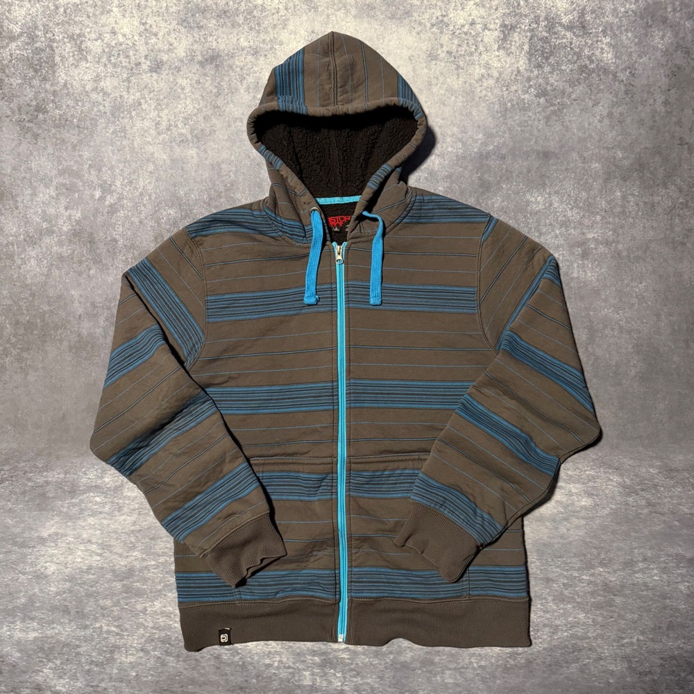 Vintage Y2K Distortion Striped Hoodie Mens L Gray Blue Sherpa Lined Cyber Grunge
